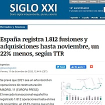 Espaa registra 1.812 fusiones y adquisiciones hasta noviembre, un 22% menos, segn TTR